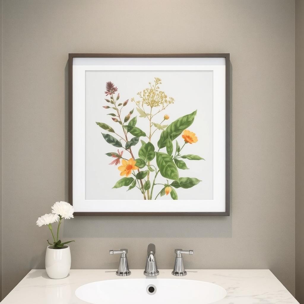 Botanical print in a waterproof acrylic frame, ideal for bathroom wall decor.