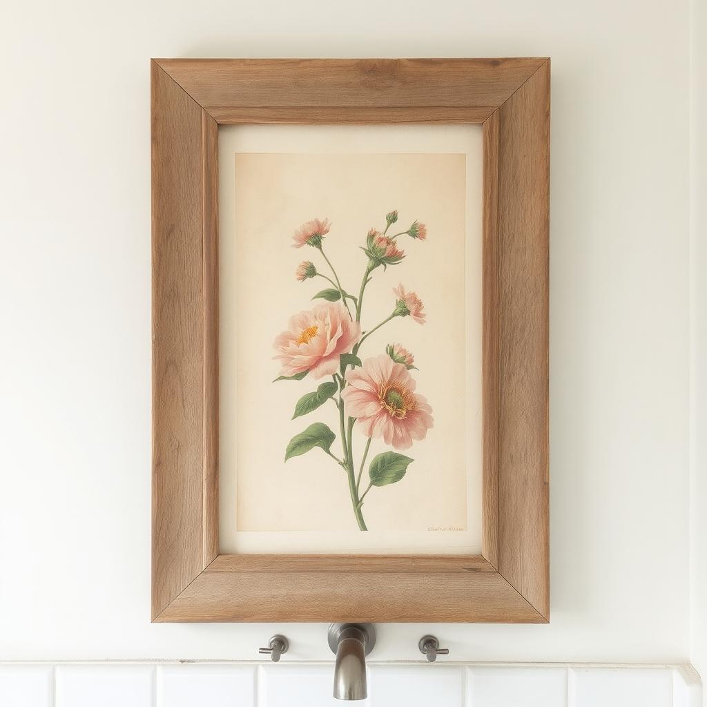 Vintage floral print framed with a weathered wood frame for bathroom wall decor