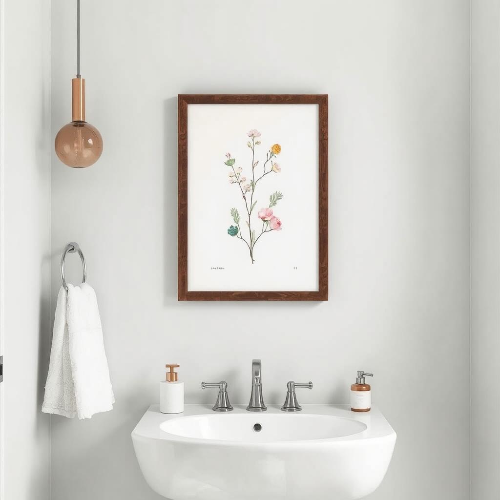 Botanical print above sink, framed with waterproof material for bathroom decor