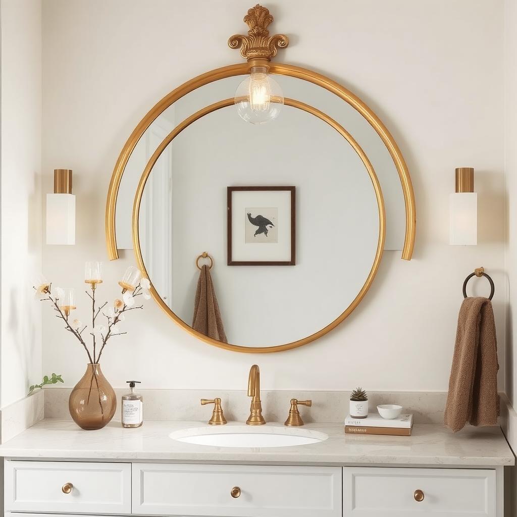 Gold-framed round mirror above vanity for stylish bathroom decor