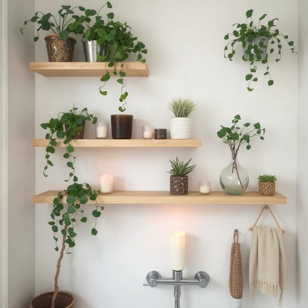 Floating shelves with plants and candles for bathroom wall decor