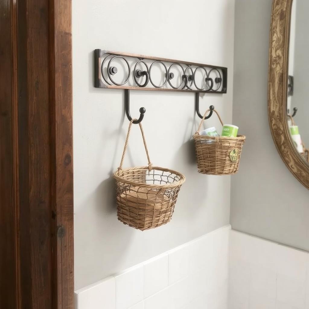 Metal hooks with small baskets for storage and decor in bathroom.