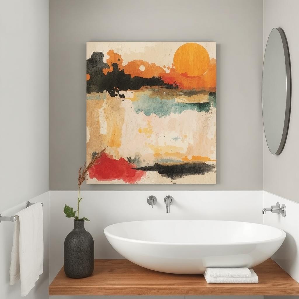 A handmade abstract painting on canvas for the bathroom.