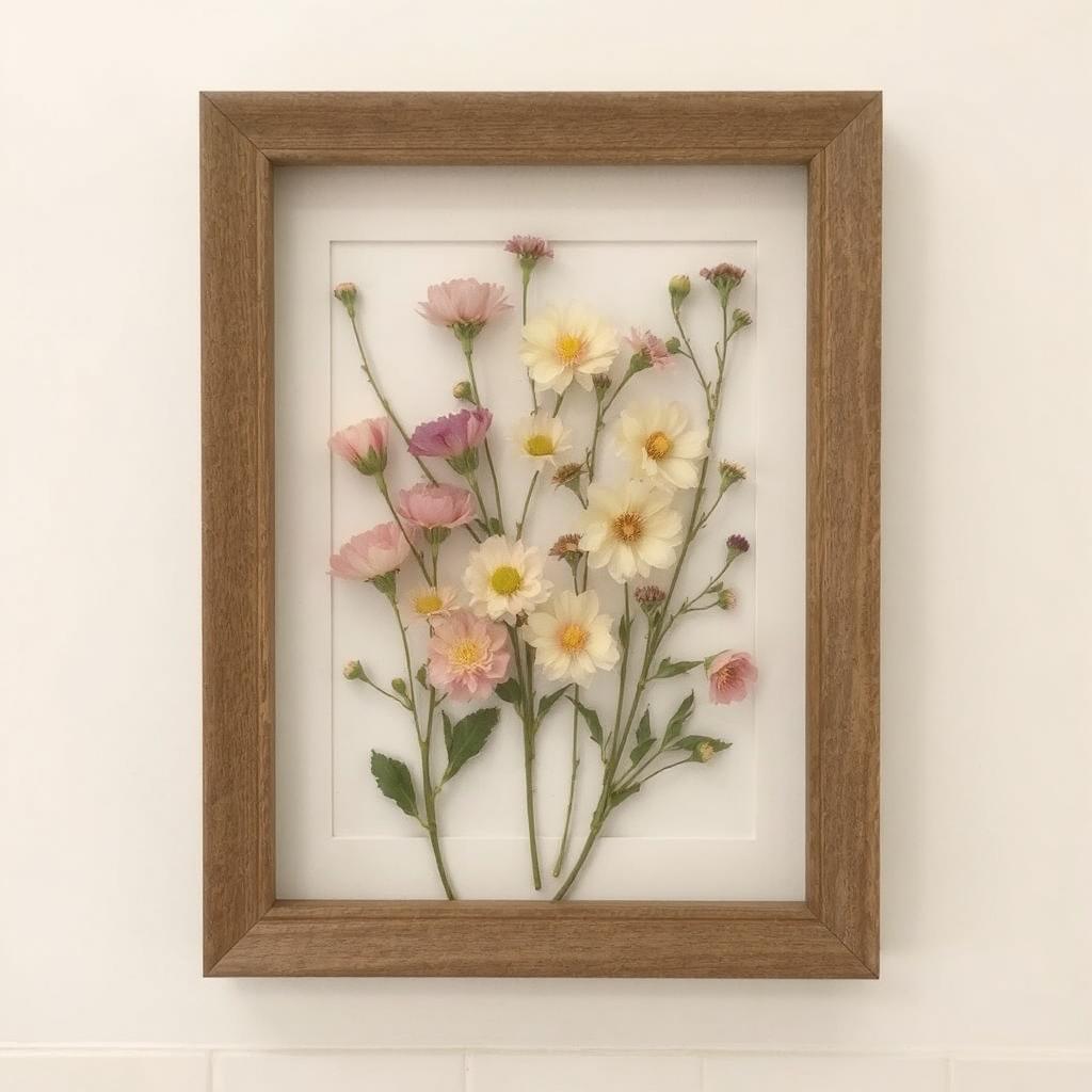 Pressed flowers framed for a natural touch to bathroom wall decor