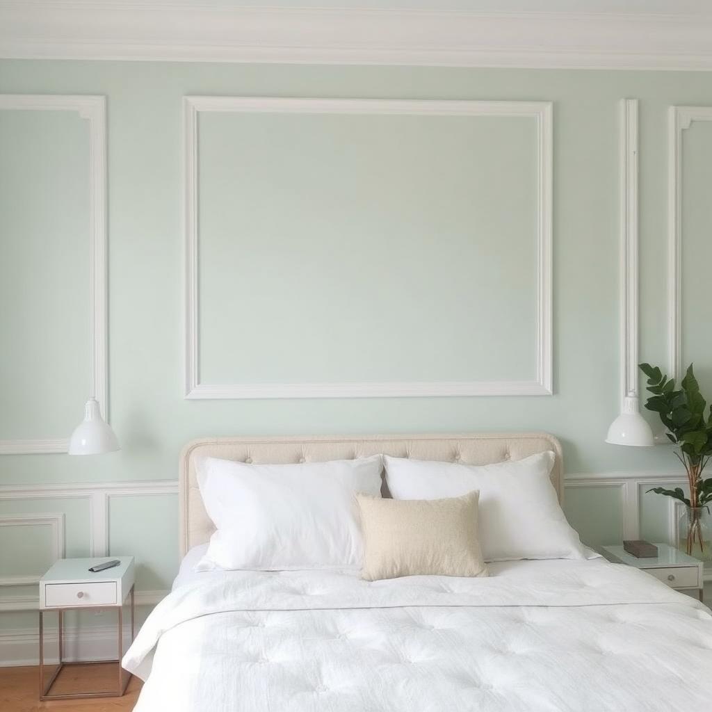 Soft seafoam green bedroom wall paired with white frames creating a calming atmosphere