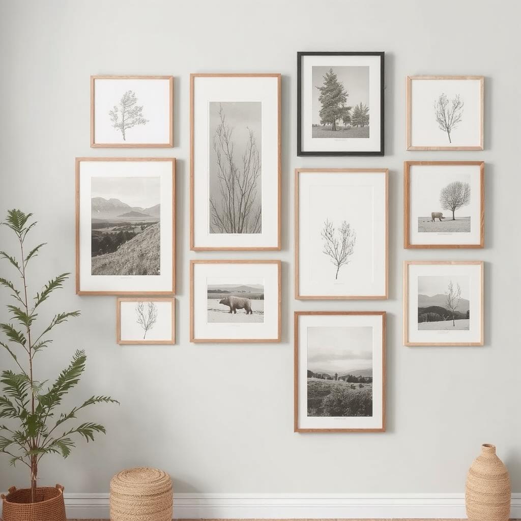 Nature-inspired art gallery wall in neutral tones on a soft gray bedroom wall.