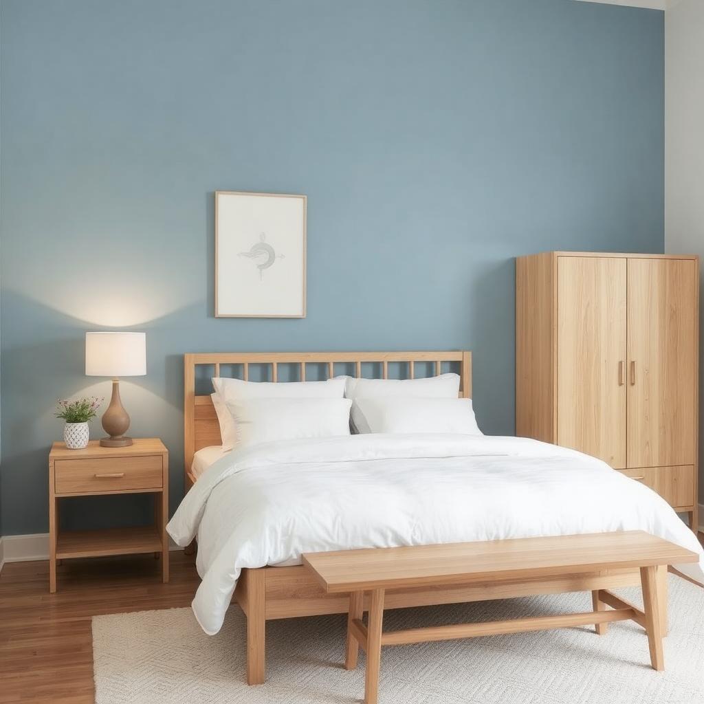 Soft blue bedroom accent wall paired with white bedding and light wood furniture for a calming space.