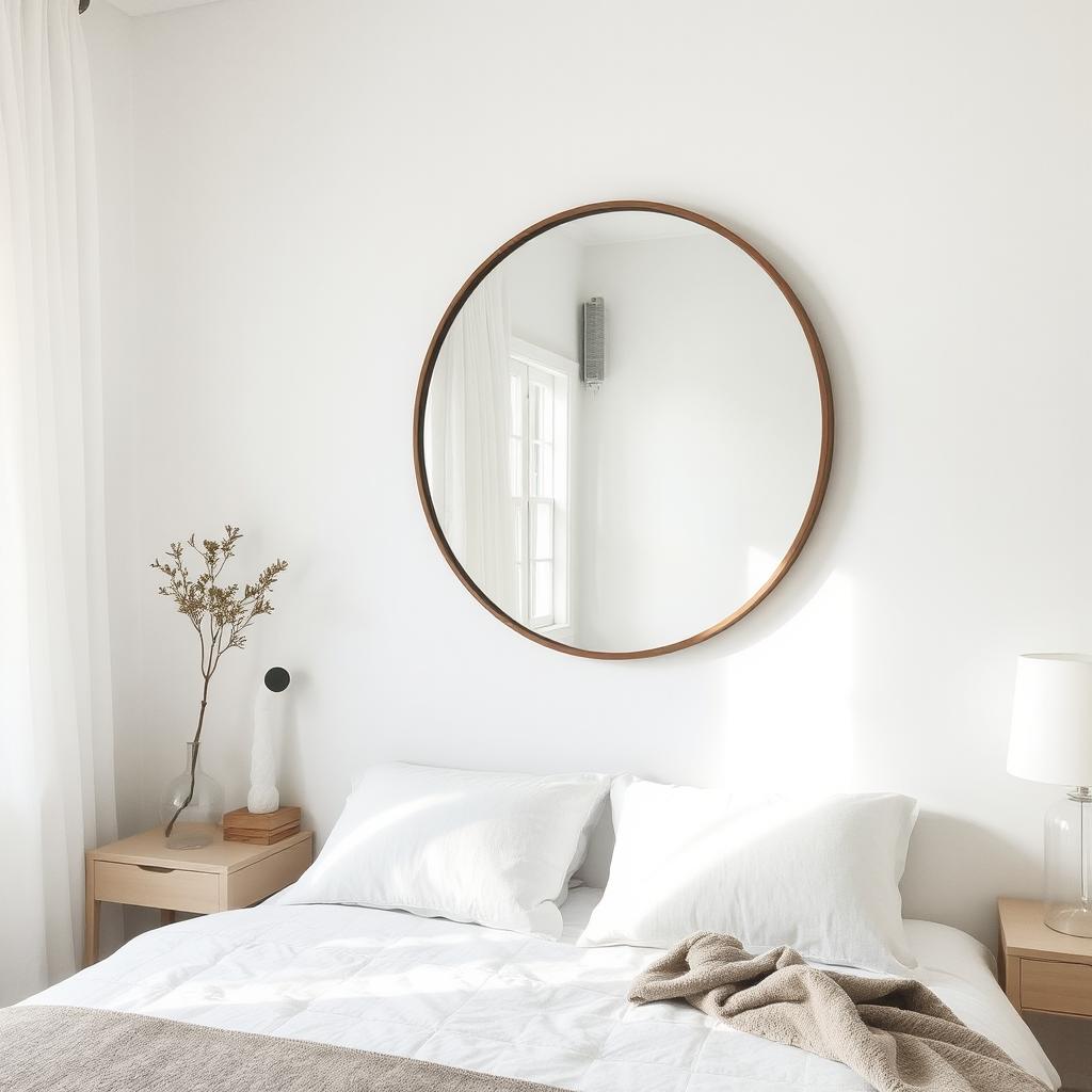 Large round mirror above the bed reflecting natural light in a soothing bedroom setting