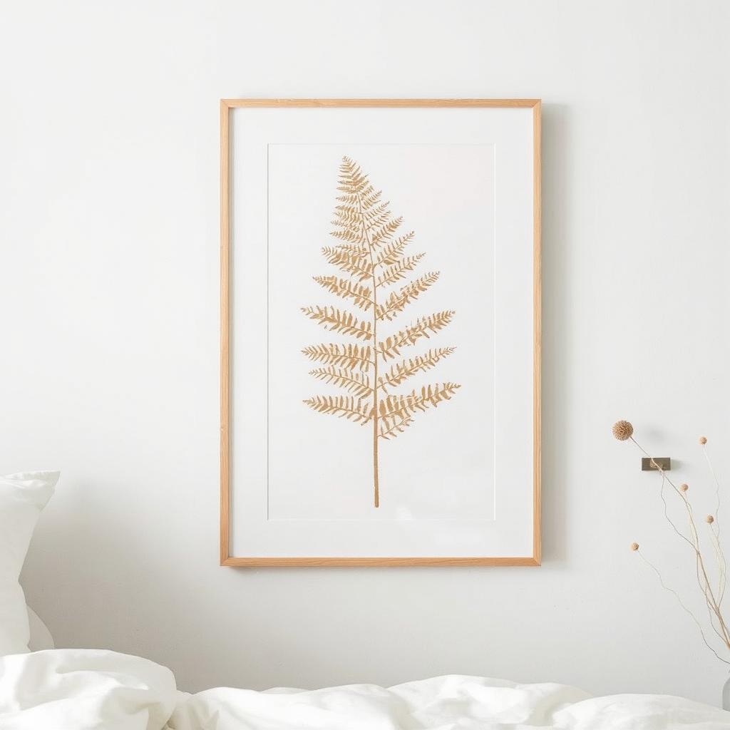 Framed pressed fern on a white bedroom wall creating a natural, calming feel.