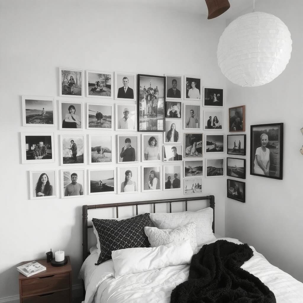 Black-and-white photo collage wall in a calming bedroom creating a personal and serene space