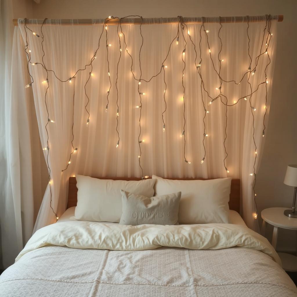 String lights draped over a bed canopy in a calming bedroom setting for a cozy, relaxing atmosphere.