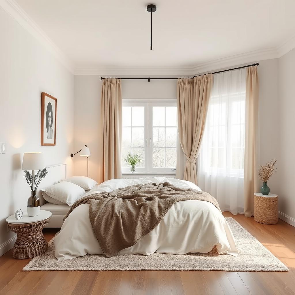 bedroom with white walls and beige curtains