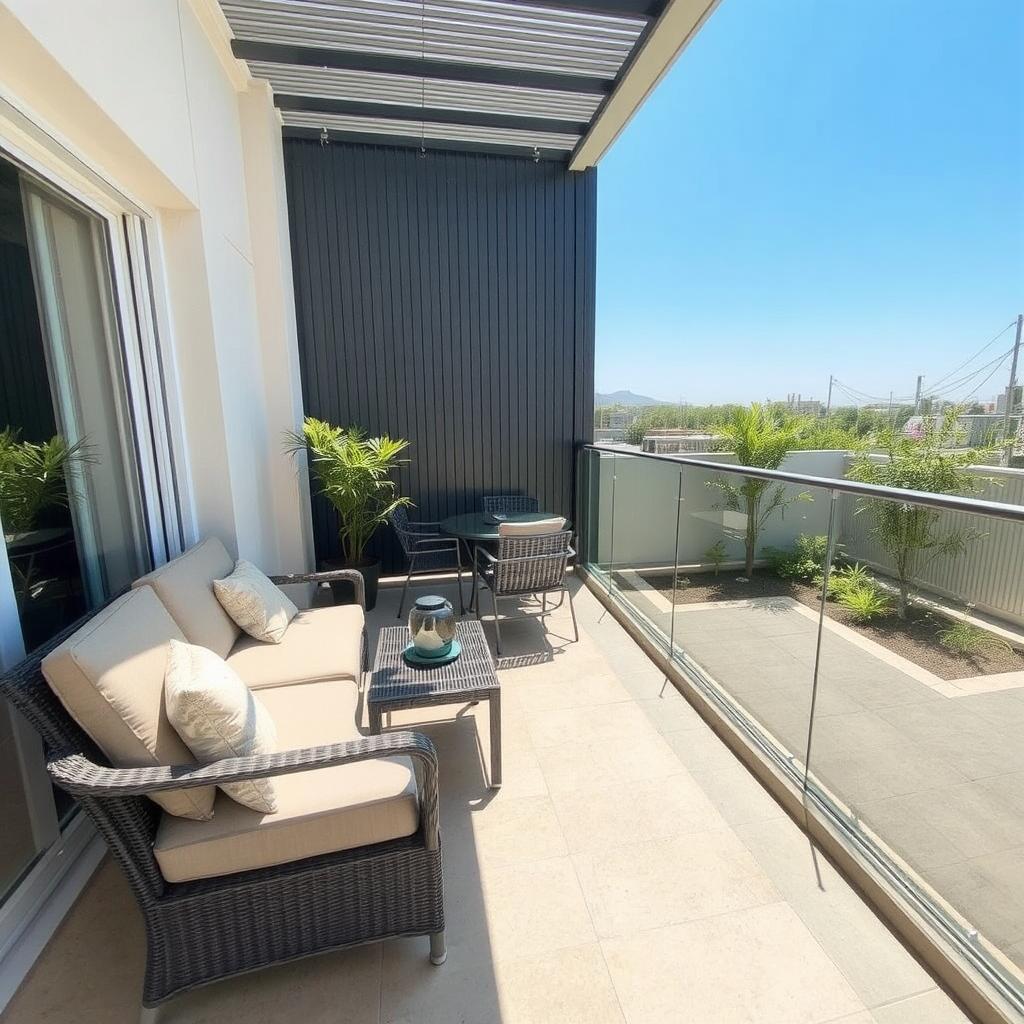 Image Idea: A spacious balcony with a seating area, dining table, and corner garden.