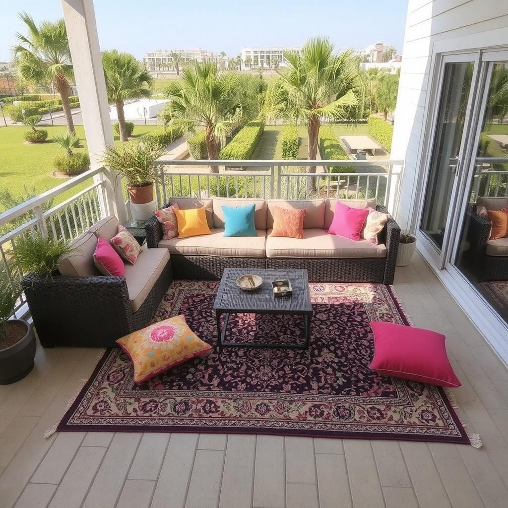 A large rug under a sectional sofa, with colorful cushions scattered across the seating area.