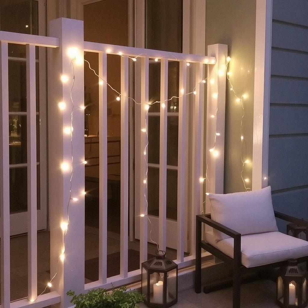 Soft string lights wrapping around a balcony railing, with lanterns placed around the seating area.