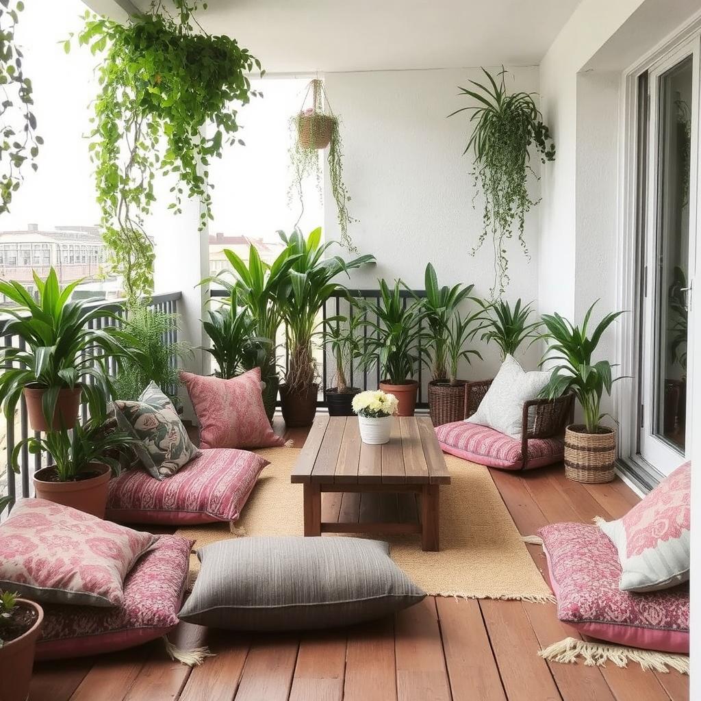 A balcony with floor cushions and a low coffee table surrounded by plants, perfect for a relaxed Boho atmosphere.