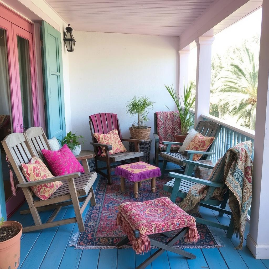 A colorful balcony with mismatched chairs, throw pillows, and blankets, creating a vibrant and eclectic Boho look.