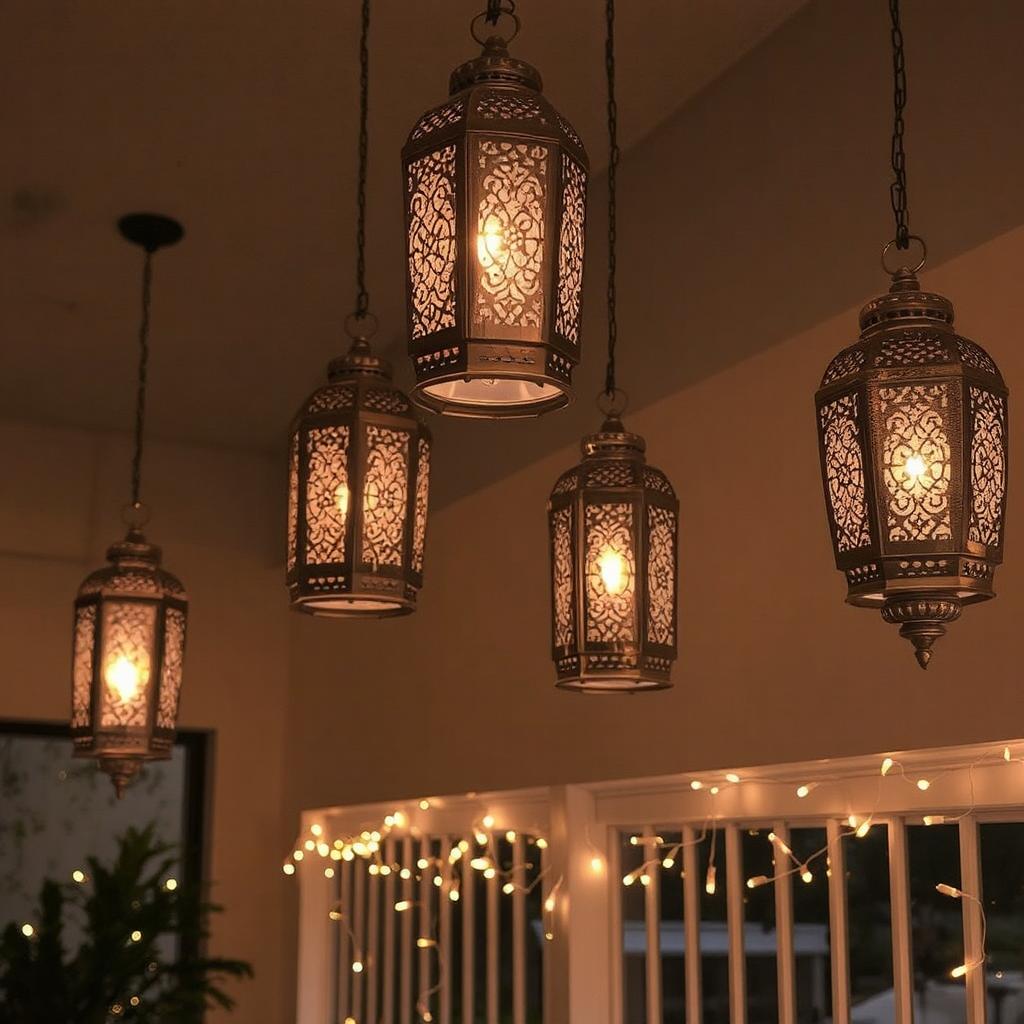 Moroccan-style lanterns hanging from the ceiling with string lights draped along the railing, creating a cozy and inviting ambiance.