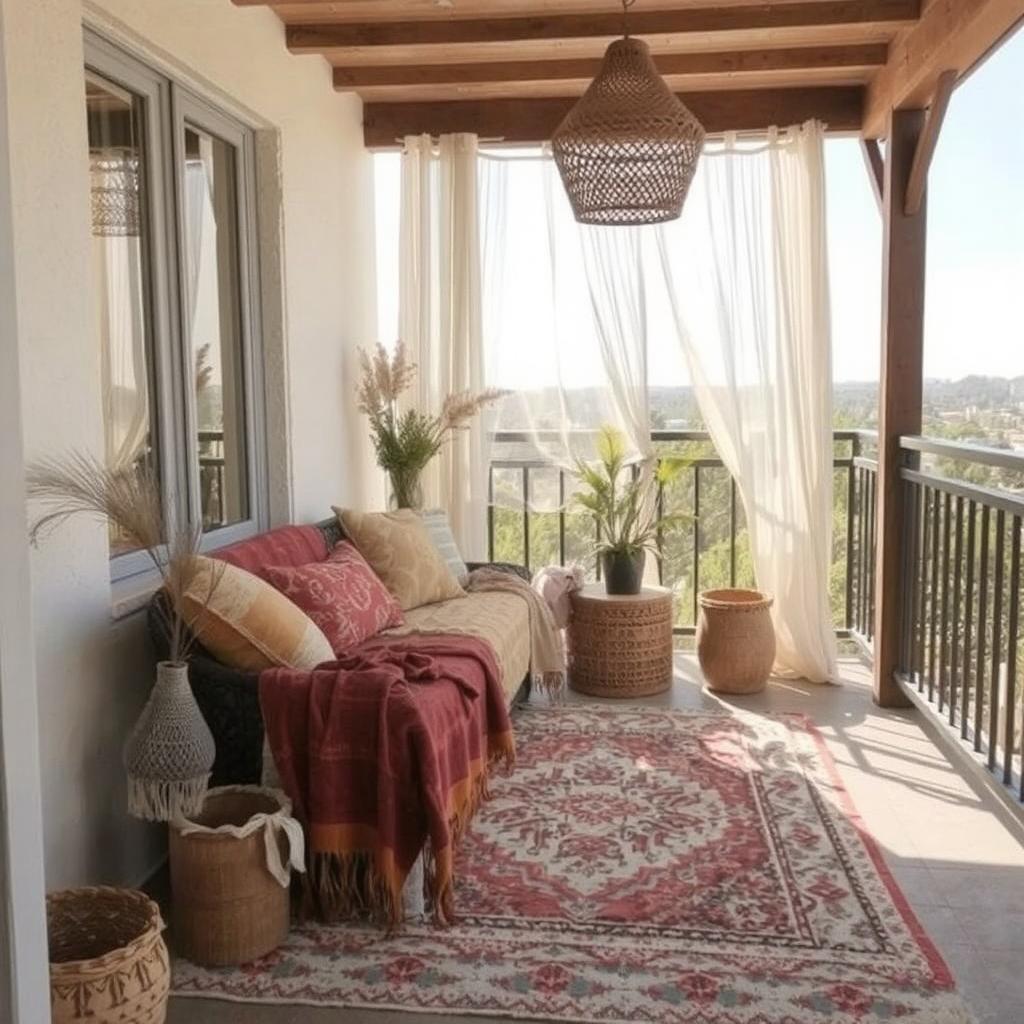 A Boho balcony with a patterned rug, throw blankets, and pillows in warm earthy tones, with light curtains gently blowing in the breeze.