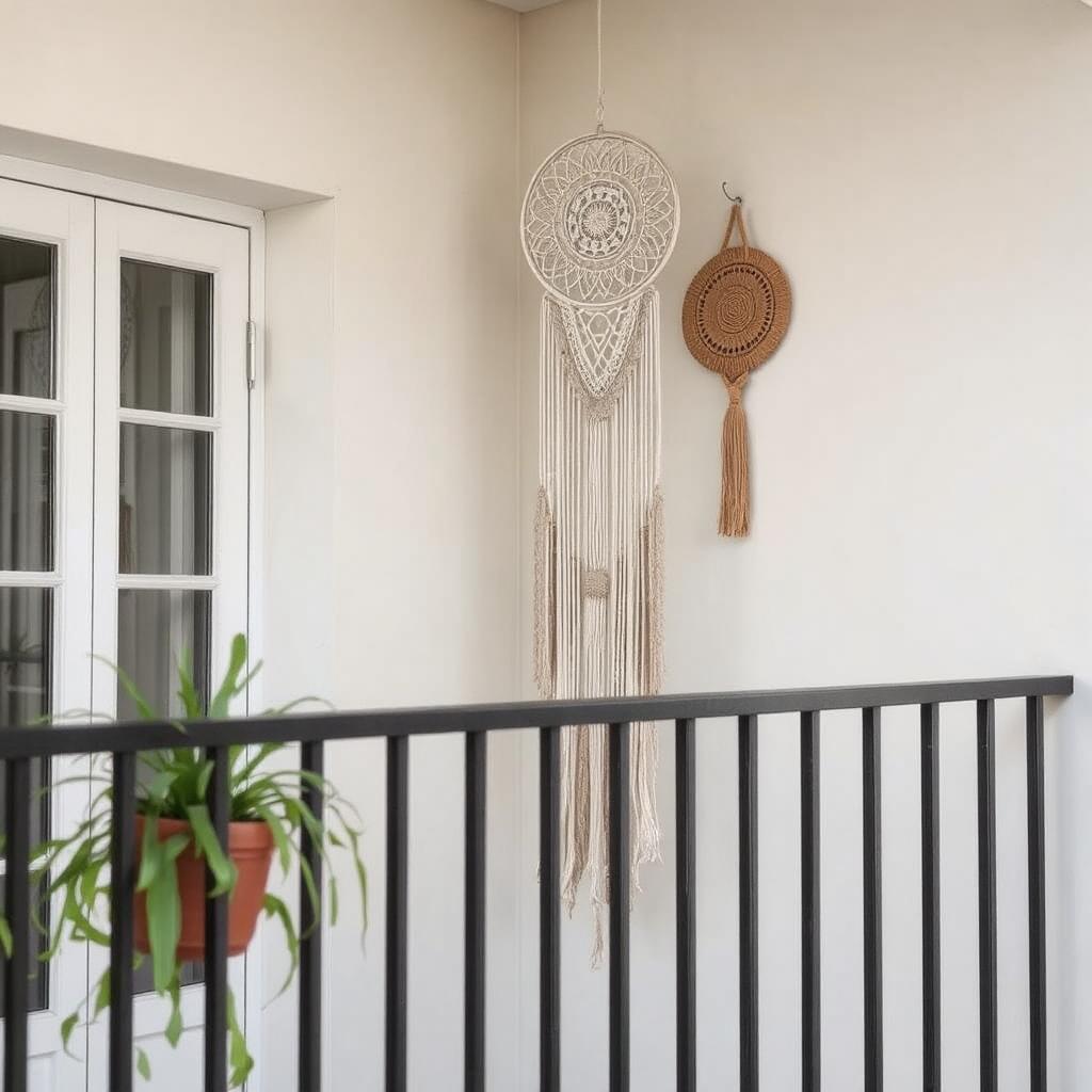 A hand-crafted macramé wall hanging or dreamcatcher adorning the railing or wall of a Boho balcony.