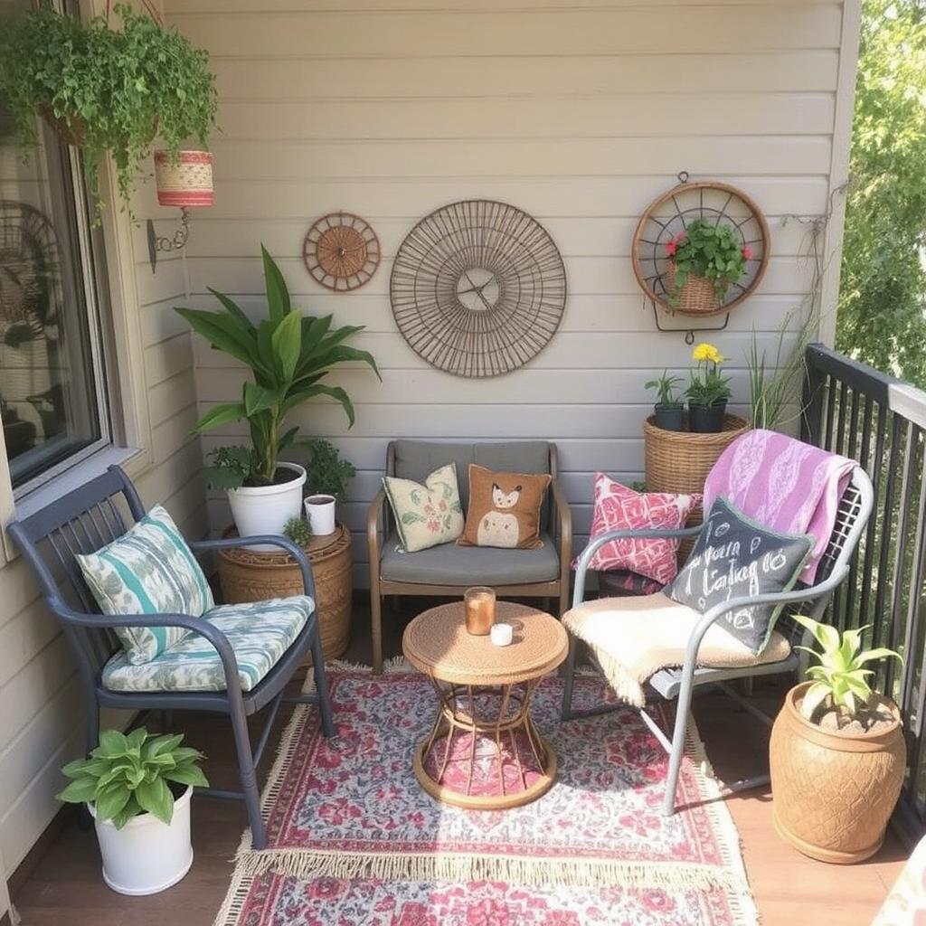 A budget-friendly Boho balcony featuring thrifted furniture, DIY decor, and upcycled items for a stylish, cost-effective space for apartment balcony decor