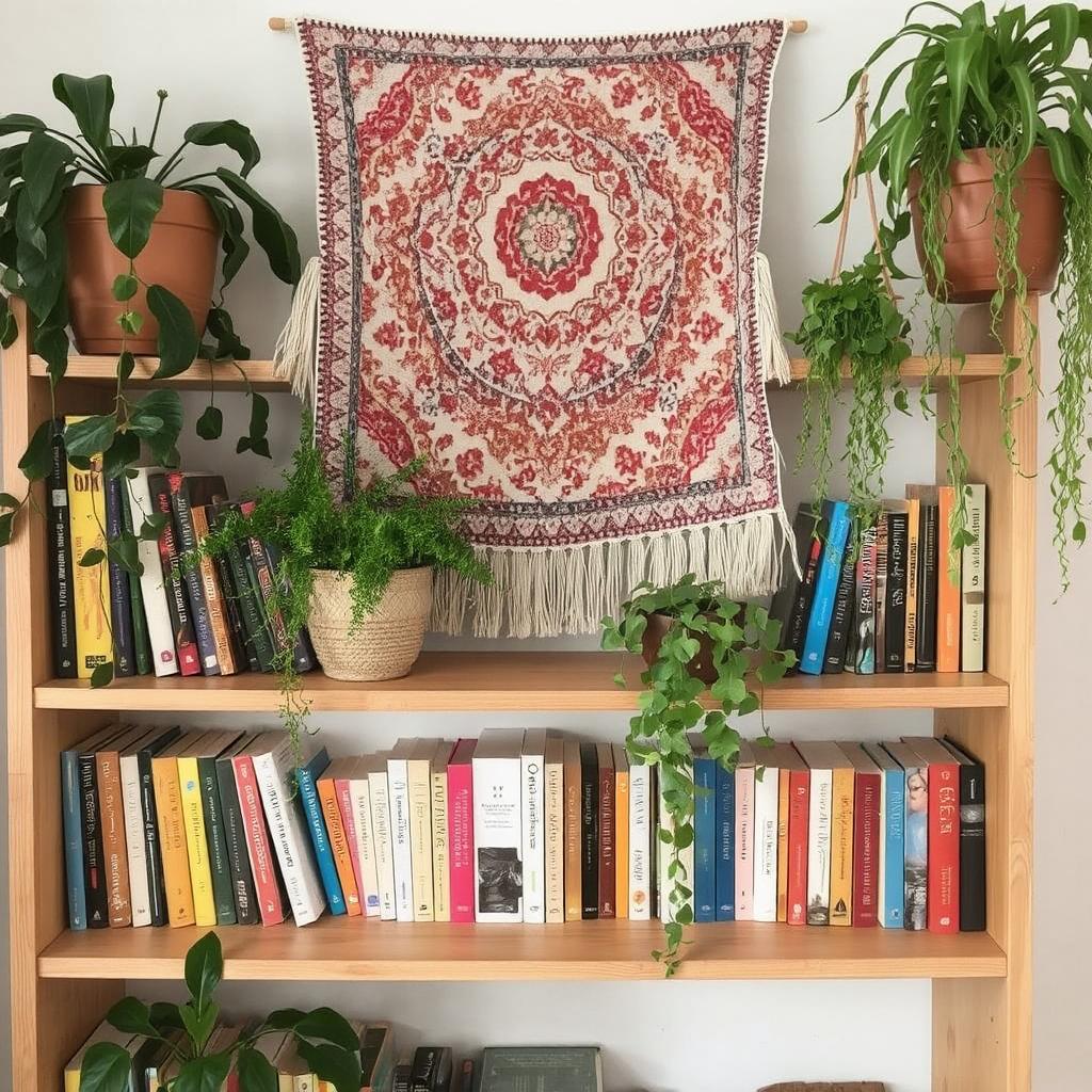 A boho bookshelf decorated with colorful books, a tapestry, and hanging plants.