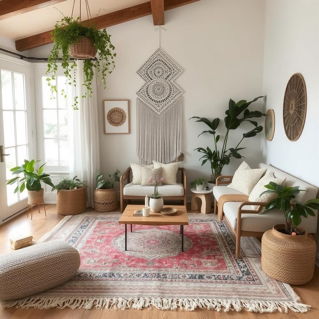 A cozy living room with layered rugs, macrame decor, and lush greenery.