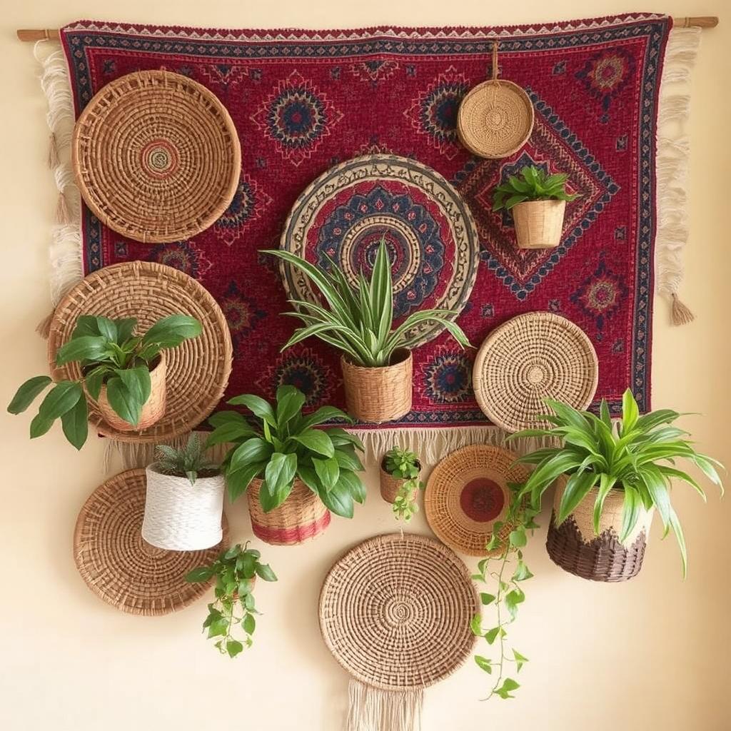 Layered Boho wall decor with tapestry, baskets, and plants