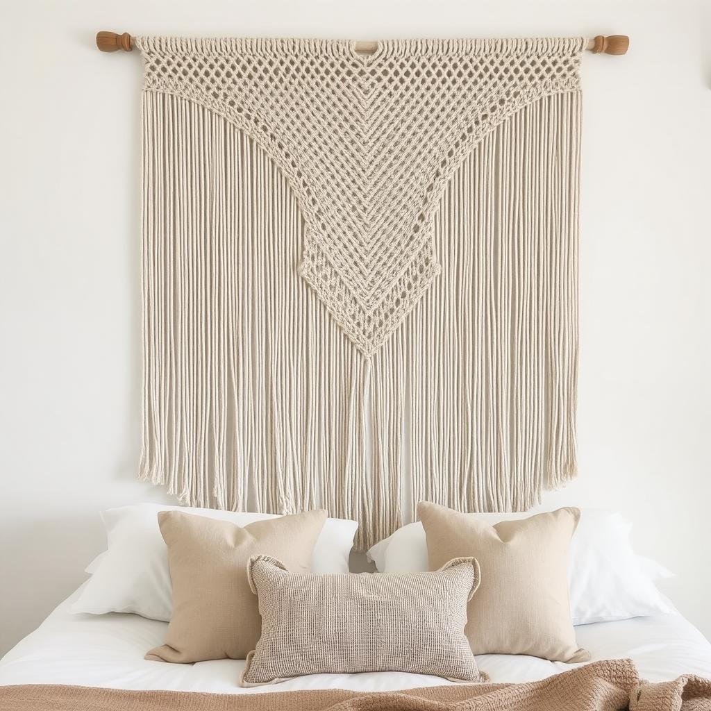 Neutral macrame wall hanging above a bed in a Boho bedroom