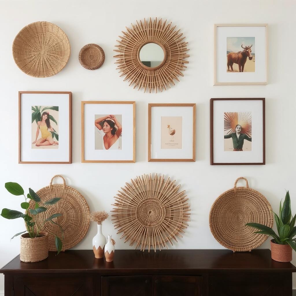 A Boho gallery wall with woven baskets, framed art, and a sunburst mirror.