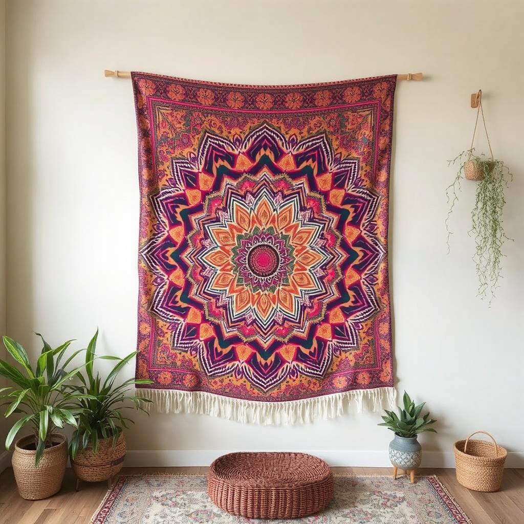 Mandala tapestry with colorful patterns on a Boho-themed wall