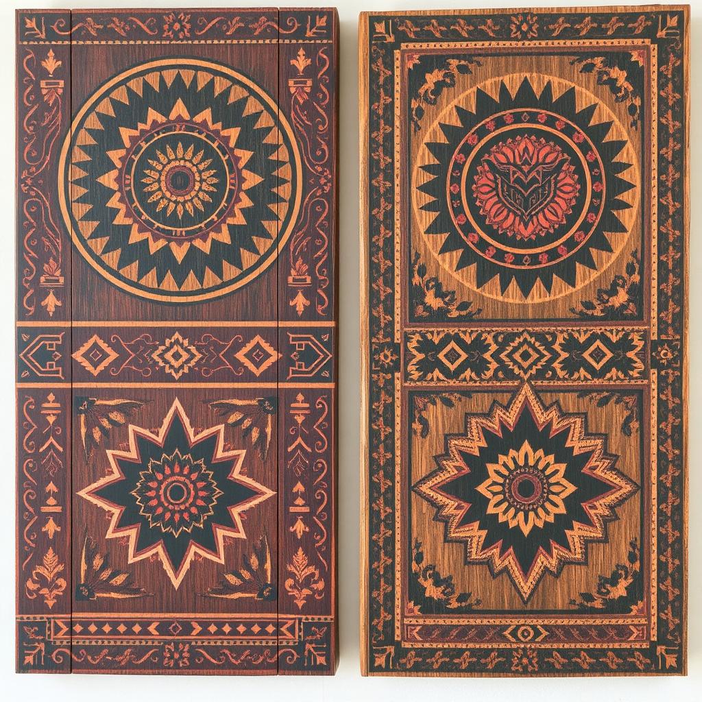 Painted wooden panels with tribal patterns for Boho wall decor