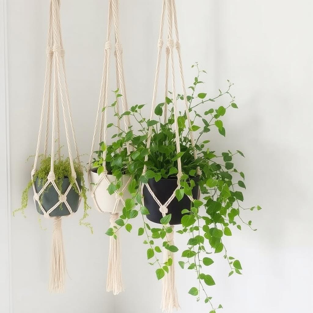 Hanging plants in macrame holders for natural Boho wall decor