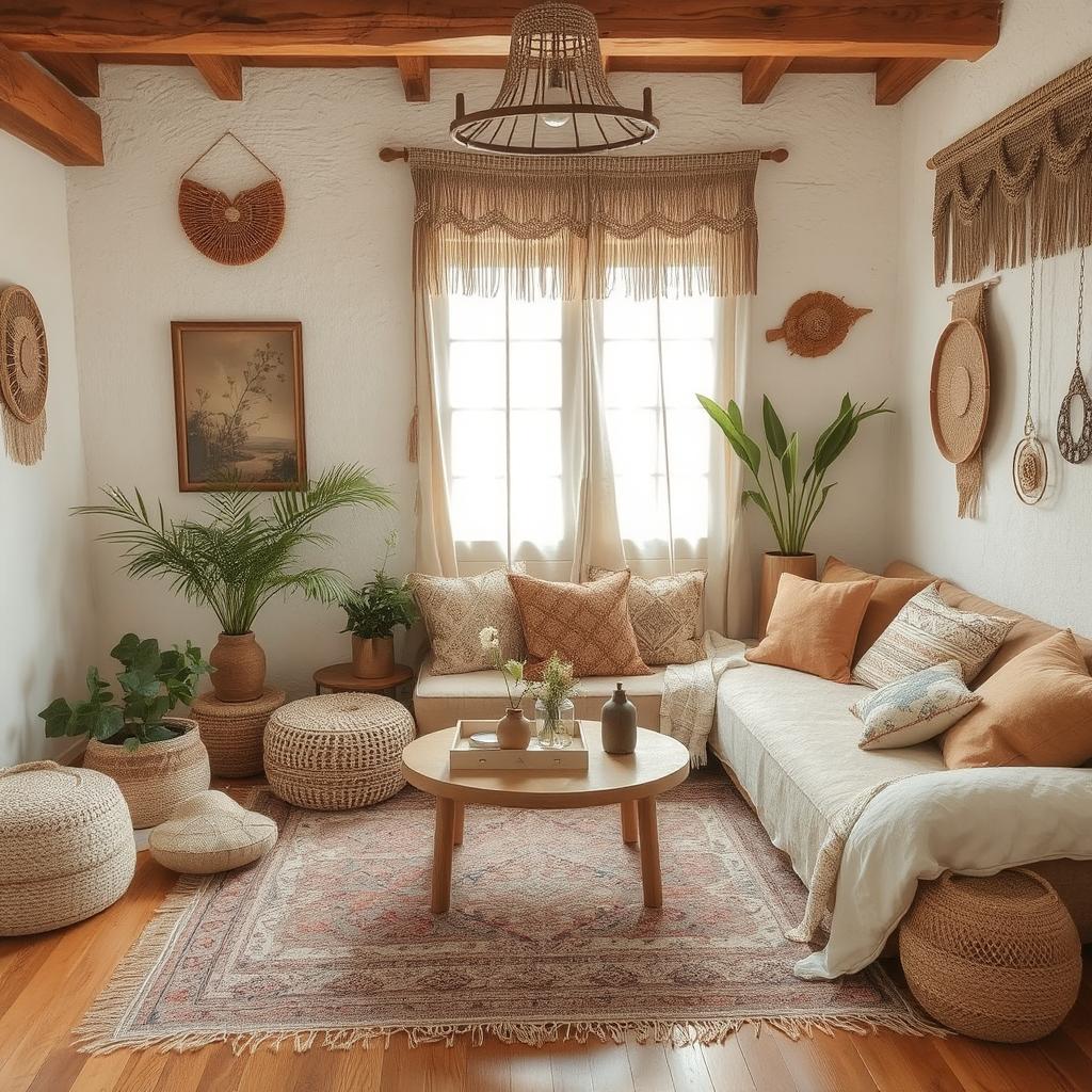 A fully decorated Boho wall decor room with layered textures and earthy tones.