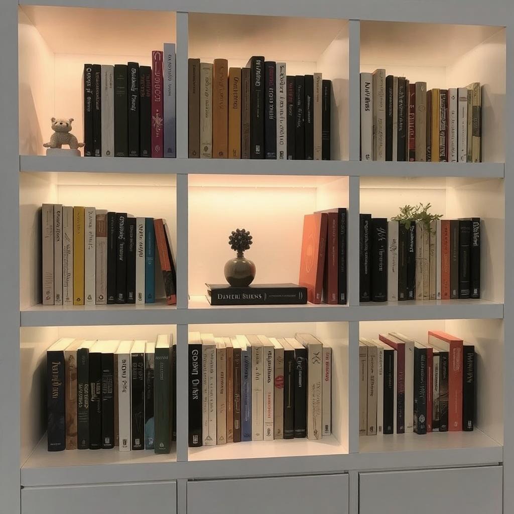 A bookshelf with built-in LED lighting, casting a warm glow over the books and decorative items.