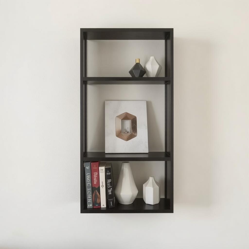 A modern bookshelf featuring a few books and geometric decor pieces against a neutral wall.