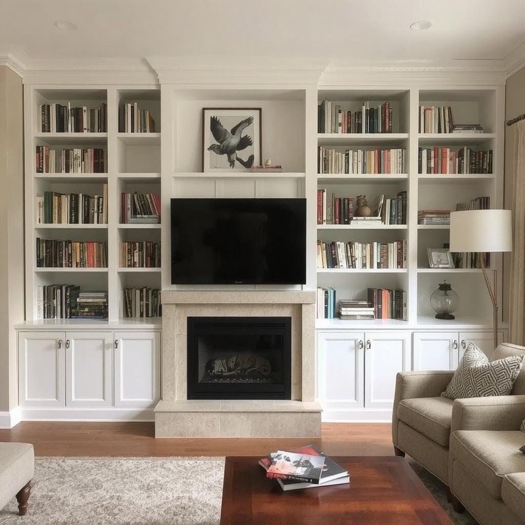 A custom-built bookshelves integrated into a living room wall, surrounding a fireplace.