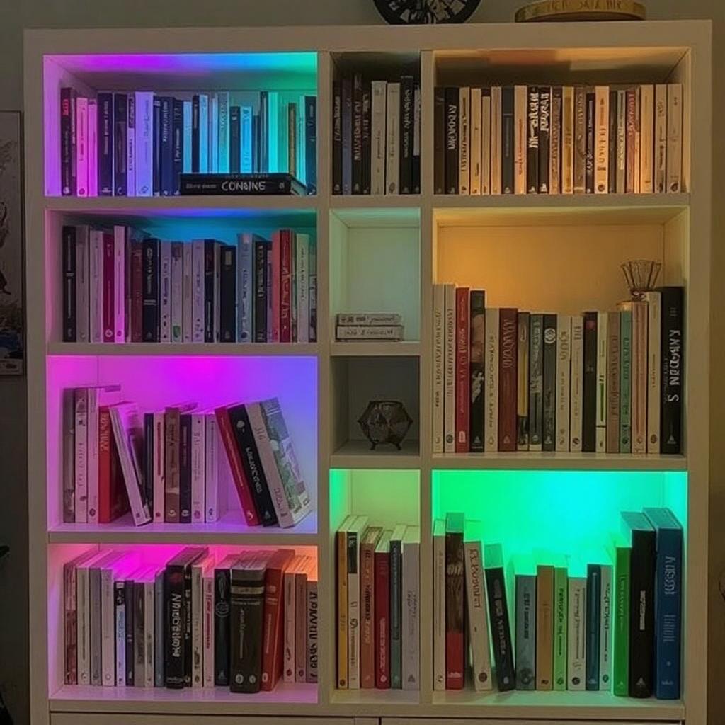 A bookshelf with RGB color-changing lights, cycling through various colors for a dynamic and festive look.