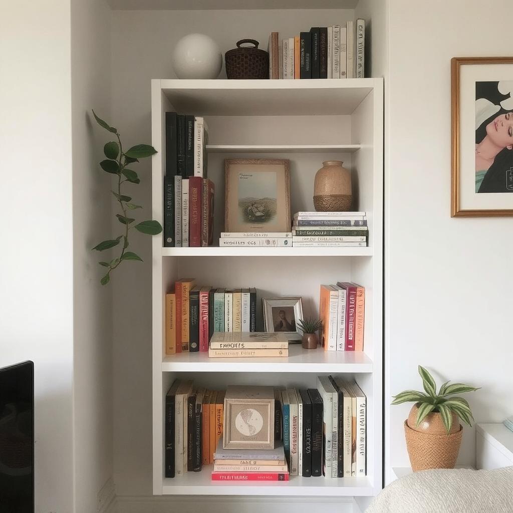 A compact corner bookshelf featuring both books and decorative objects in a small apartment.