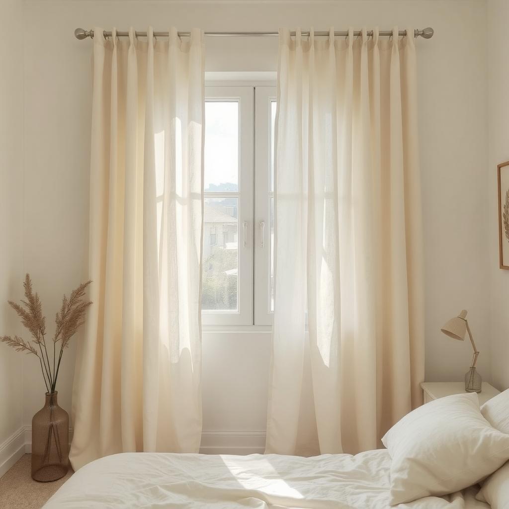 A soft and airy bedroom with light beige cotton curtains gently swaying in the breeze, pros and cons of cotton curtains