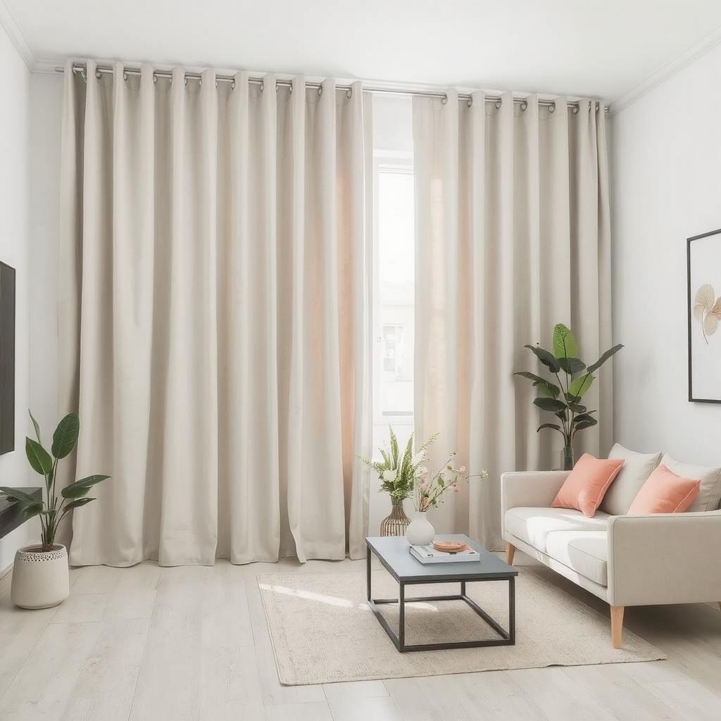 A contemporary living room with floor-to-ceiling cotton curtains in a light grey color. 