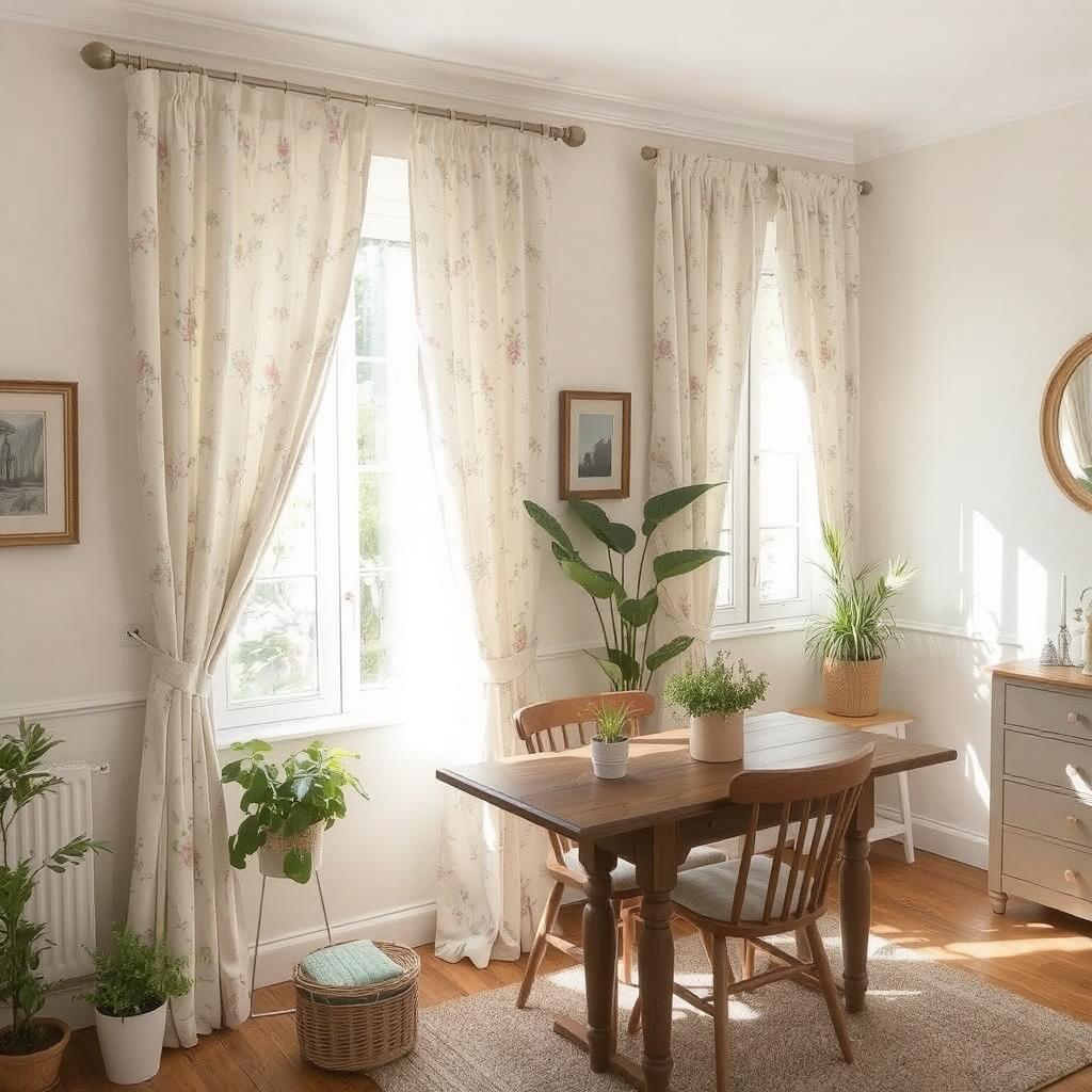 A charming dining room with cotton curtains featuring a subtle floral pattern in pastel colors. 