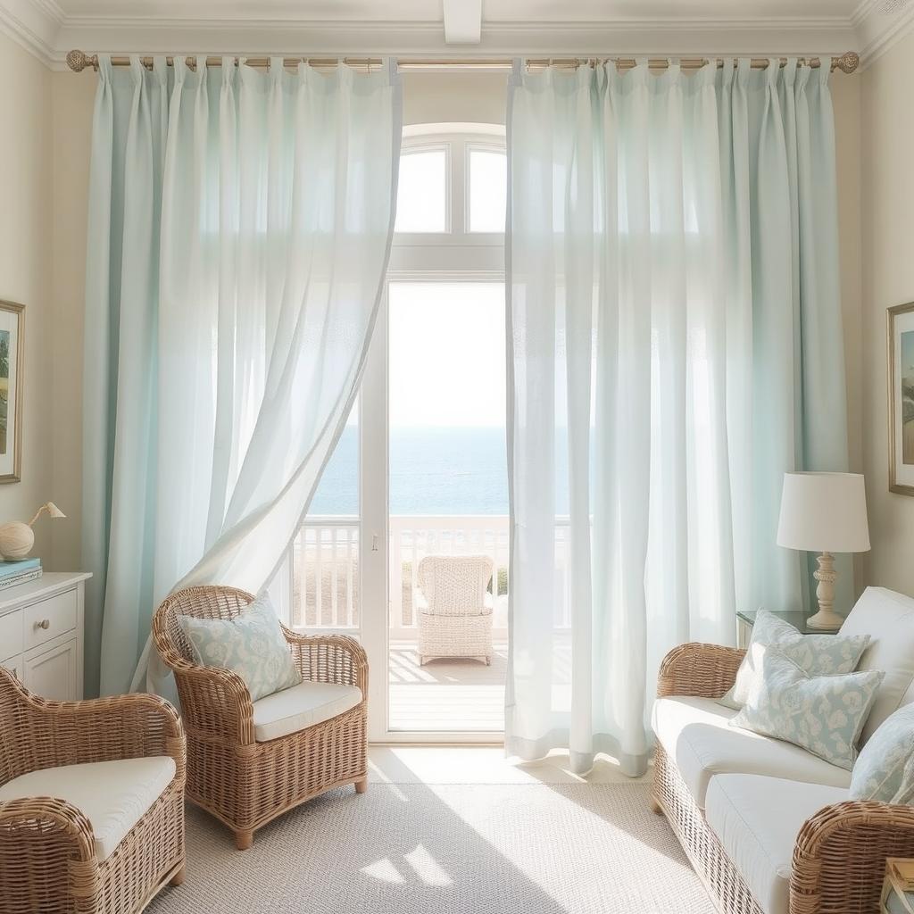 A coastal-inspired living room with light blue cotton curtains that flutter in a soft breeze, pros of cotton curtains