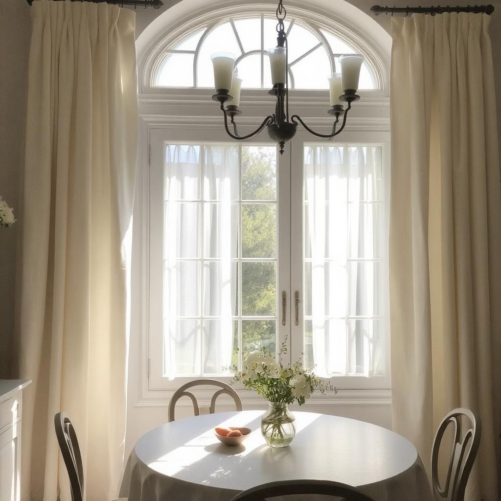 A sunlit dining room with linen curtains vs cotton curtain gently diffusing the light, adding to the airy ambiance.