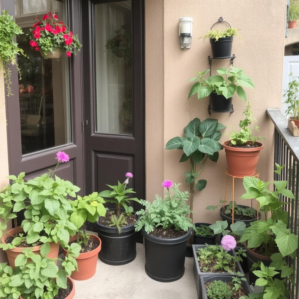 A small balcony garden with space-saving furniture, including a foldable bench, small bistro table, and colorful cushions. 