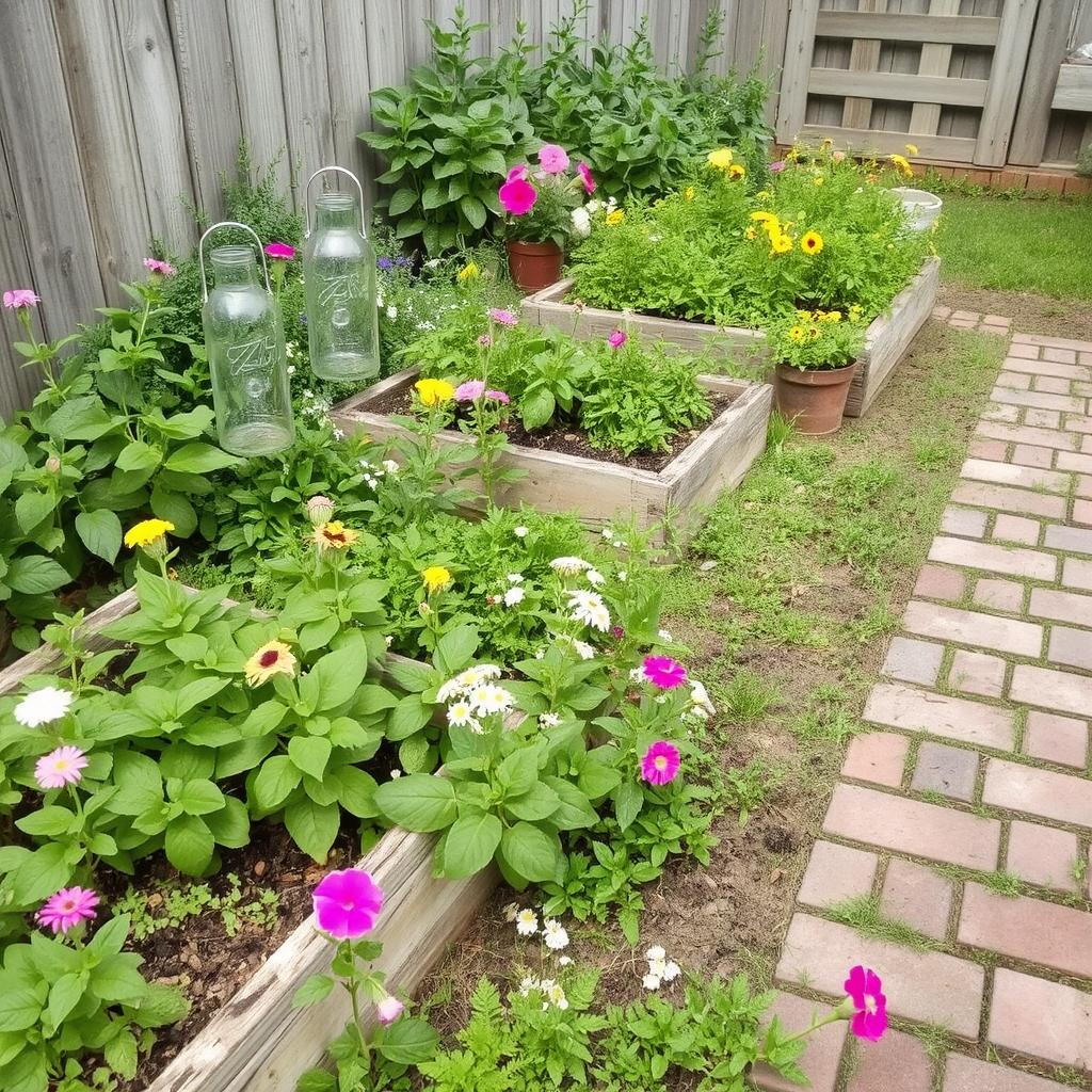 A DIY garden with creative upcycled decor: glass bottles turned into lanterns, old wooden pallets used for raised garden beds, and a homemade garden path made of reclaimed bricks. The garden is full of vibrant flowers and greenery.