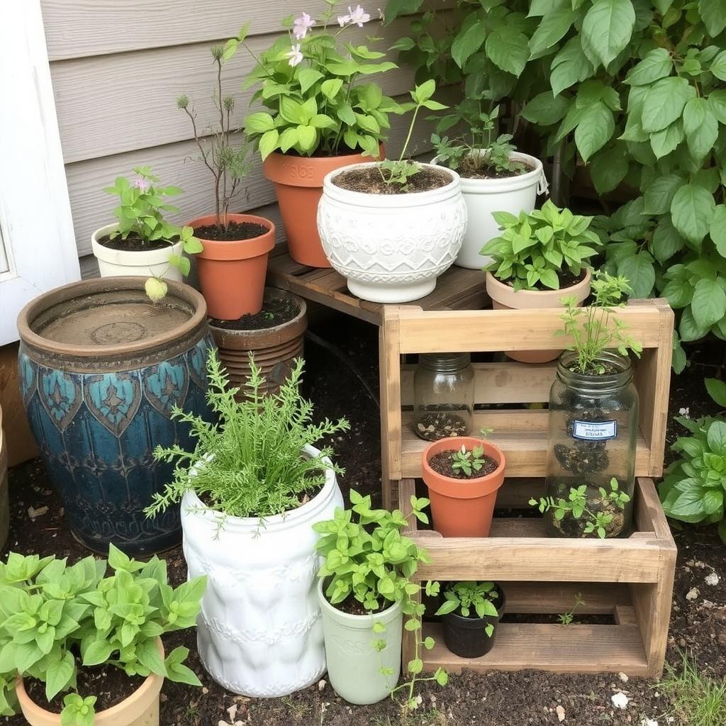 A budget-friendly outdoor garden featuring solar lights along a pathway, decorative pots, and recycled items like glass jars and wooden crates used as planters. The garden feels welcoming, warm, and eco-conscious