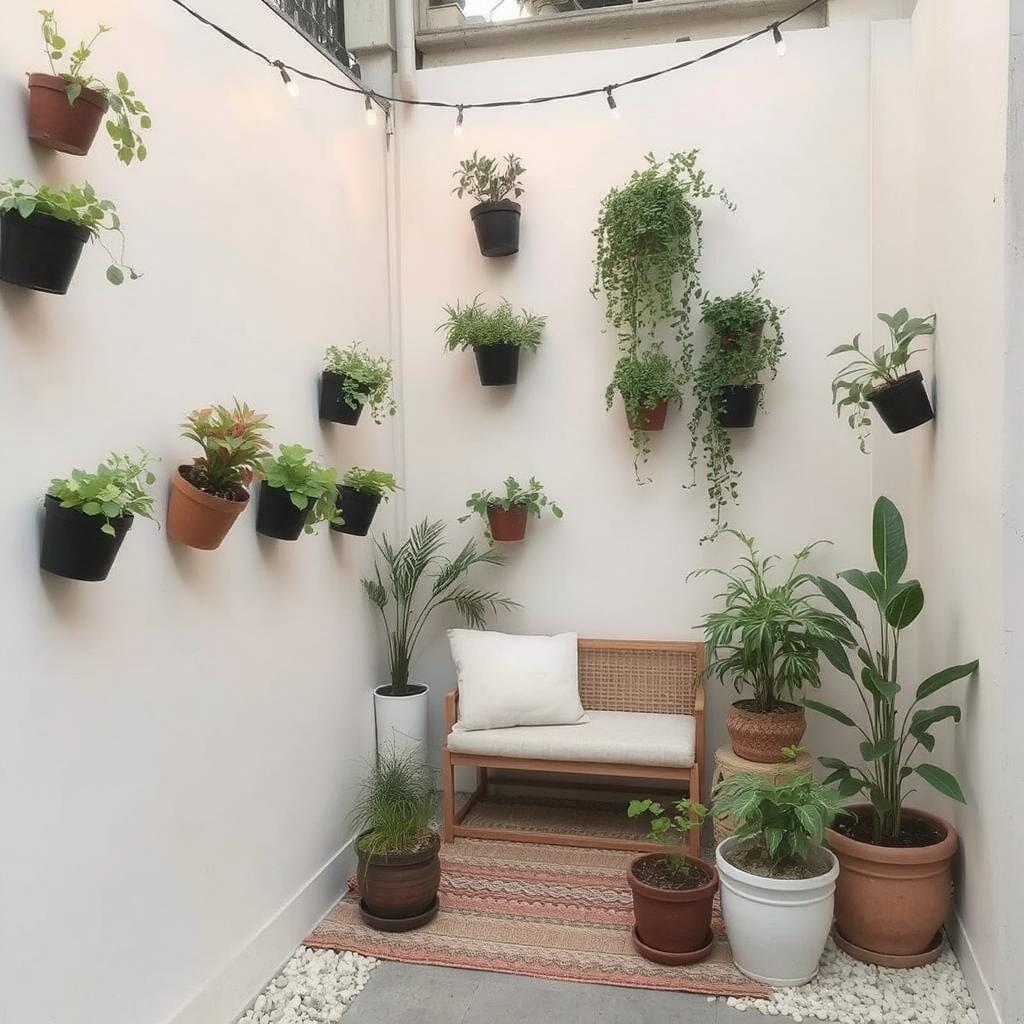 A minimalist small garden with vertical planters hanging from walls, a compact outdoor seating area with a few cushions, and a few potted plants. There’s a cozy ambiance with string lights overhead and a small rug underfoot