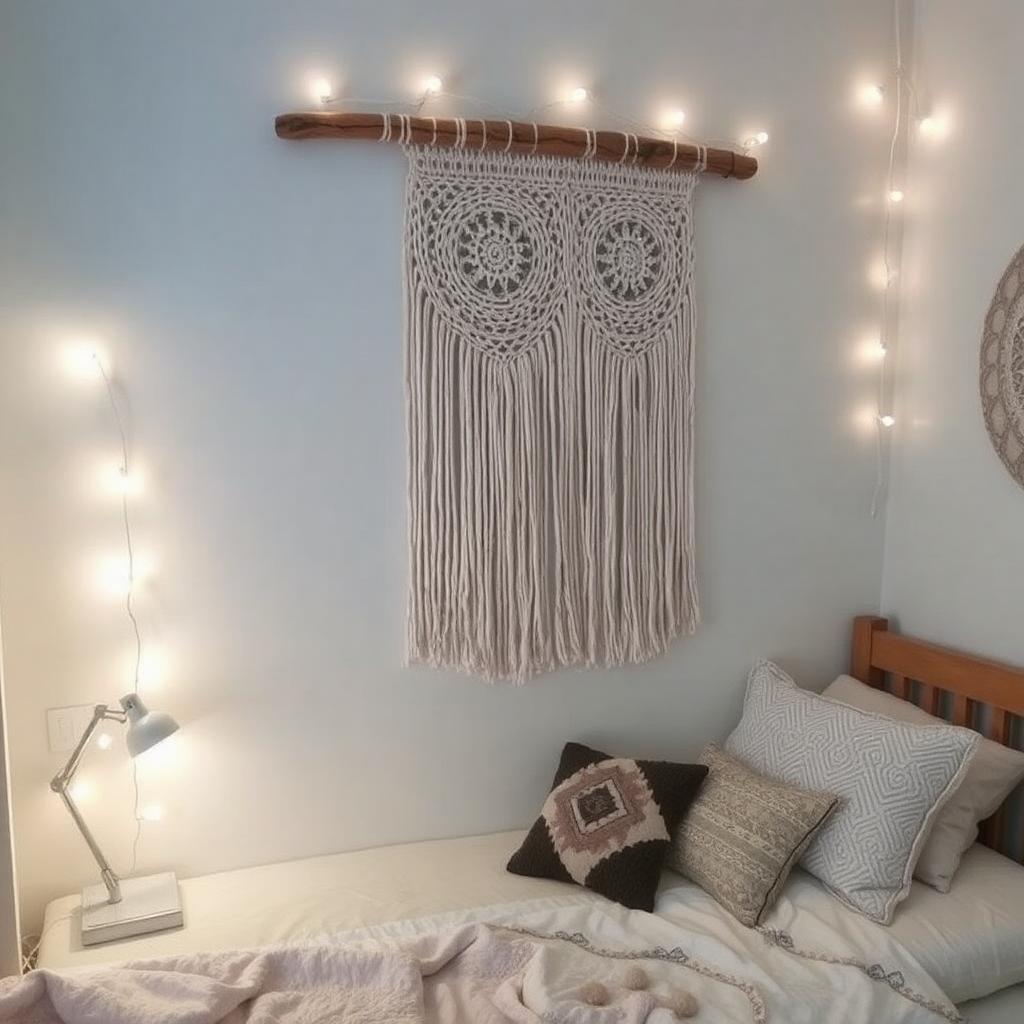 Boho chic dorm room wall decor with macramé hangings and string lights