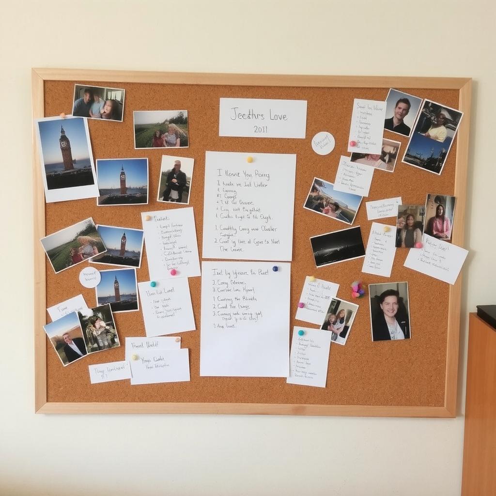 Dorm room corkboard with pinned photos, notes, and reminders